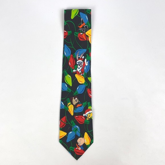 VTG 1994 Looney Tunes Mania Looney Tunes Characters in Christmas Lights Necktie - Picture 1 of 8